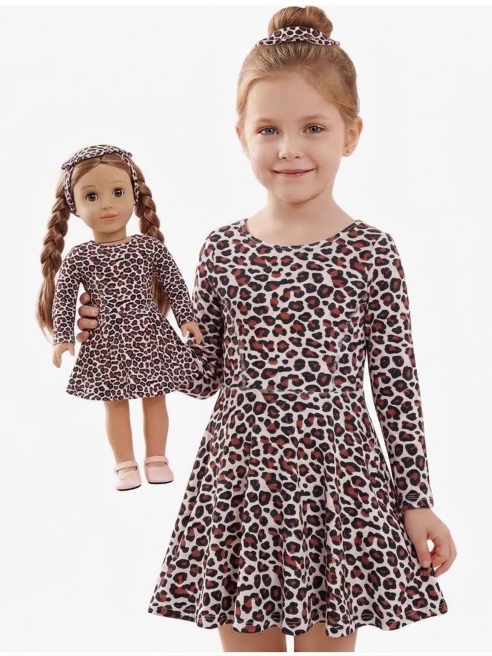 Leopard Print Matching Dress Set for Kids and Doll - Brown cotton